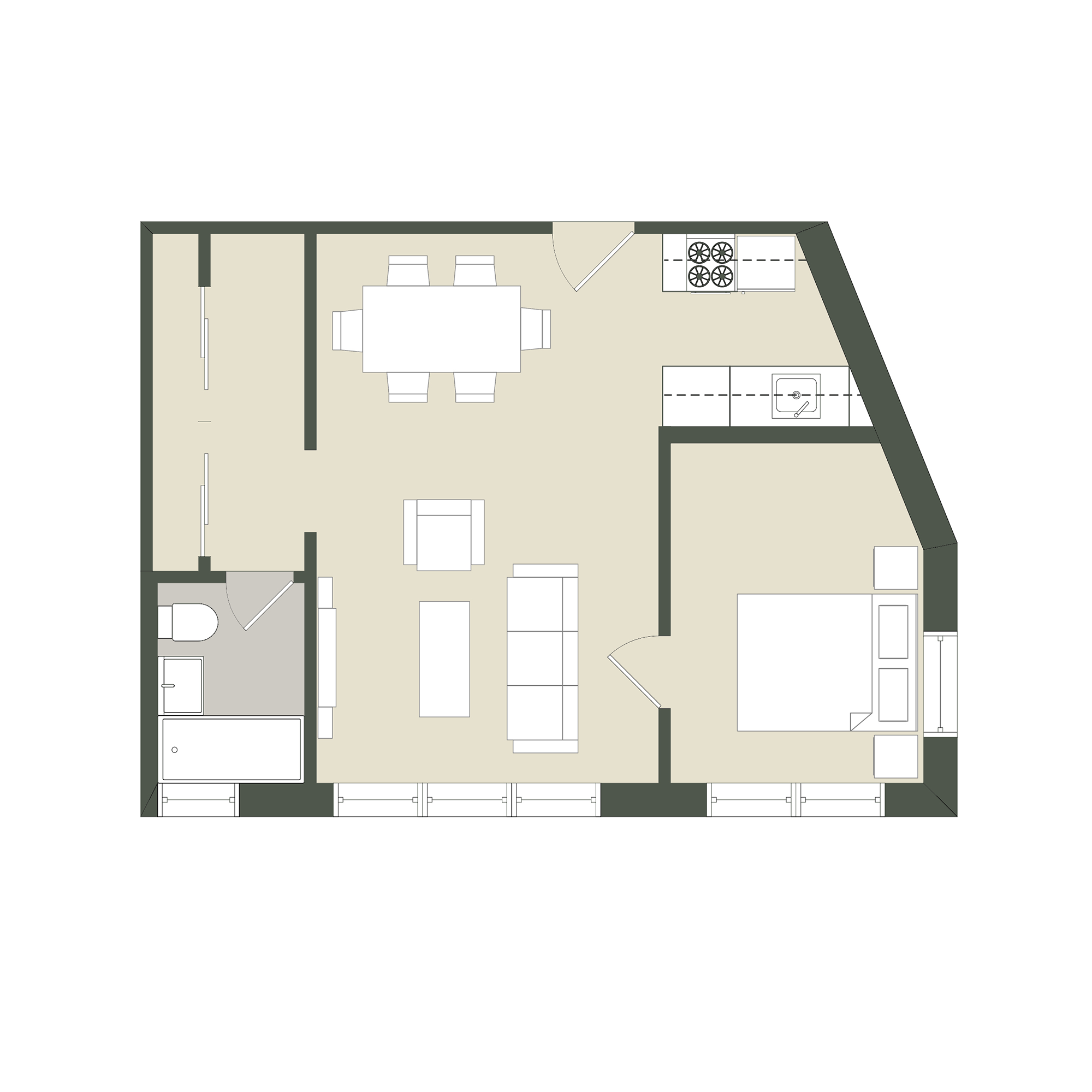 Floor plan for 1 bed, 1 bath, 483 sqft